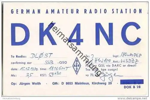 QSL - QTH - Funkkarte - DK4NC - Mainleus - 1970