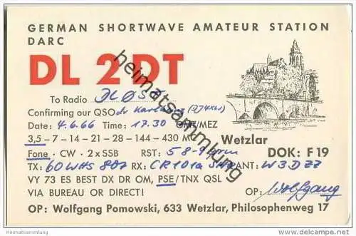 QSL - QTH - Funkkarte - DL2DT - Wetzlar - 1966
