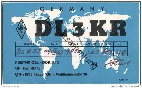 QSL - QTH - Funkkarte - DL3KR - Rehau - 1967