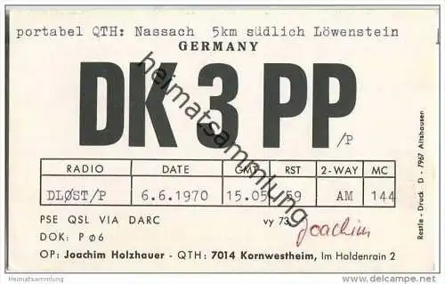 QSL - QTH - Funkkarte - DK3PP - Nassach - Spiegelberg - 1970