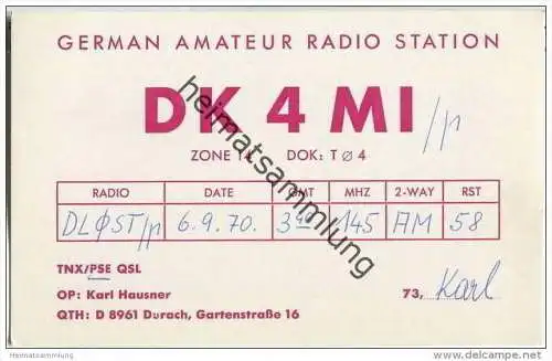 QSL - QTH - Funkkarte - DK4MI - Durach - 1970