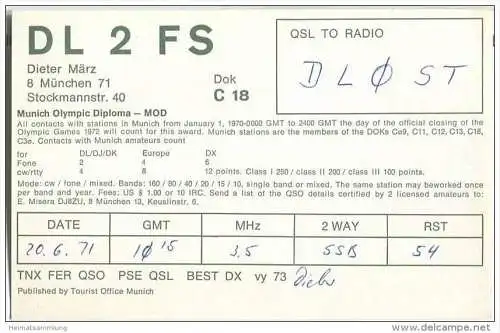 QSL - QTH - Funkkarte - DL2FS - München - Monaco di Baviera - Tourist Office Munich - 1971