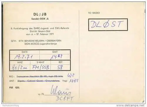 QSL - QTH - Funkkarte - DL0JB - Benediktbeuern - SWL-Jugendlehrgang des DARC - 1971