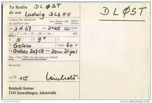 QSL - QTH - Funkkarte - DJ3XQ - Vaihingen-Enzweihingen - 1967