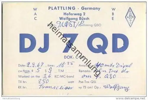 QSL - QTH - Funkkarte - DJ7QD - Plattling - 1967