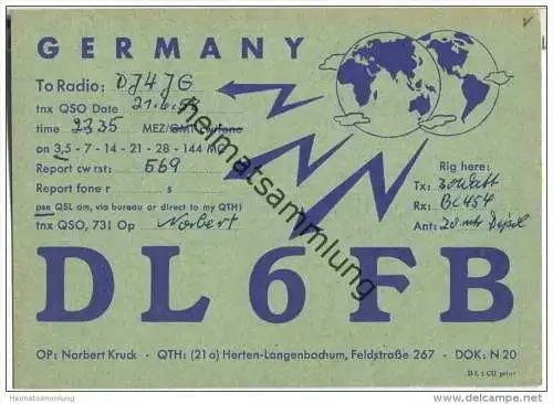 QSL - QTH - Funkkarte - DL6FB - Herten-Langenbochum - 1958