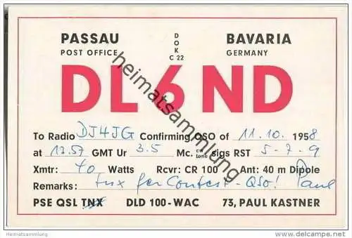 QSL - QTH - Funkkarte - DL6ND - Passau - 1958