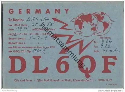QSL - QTH - Funkkarte - DL6QF - Bad Honnef  - 1958