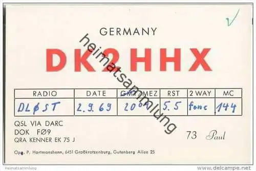 QSL - QTH - Funkkarte - DK2HHX - Grosskrotzenburg - 1969