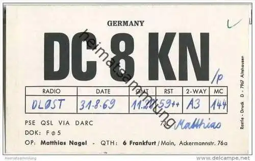 QSL - QTH - Funkkarte - DC8KN - Frankfurt - 1969