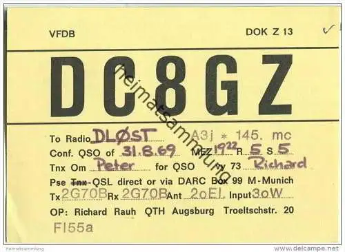 QSL - QTH - Funkkarte - DC8GZ - Augsburg - 1969