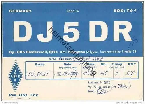 QSL - QTH - Funkkarte - DJ5DR - Kempten - 1969