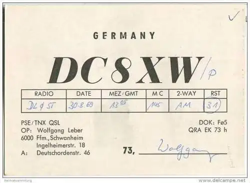 QSL - QTH - Funkkarte - DC8XW - Frankfurt - Schwanheim - 1969