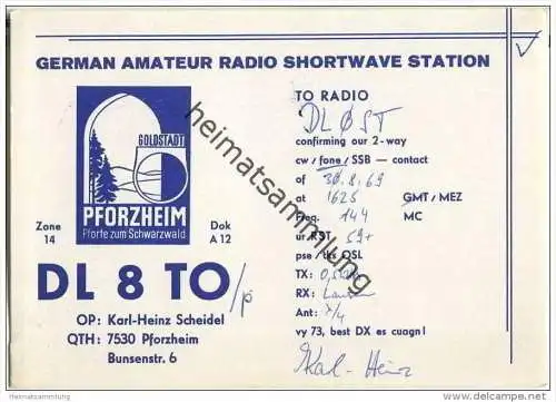 QSL - QTH - Funkkarte - DL8TO - Pforzheim - 1969