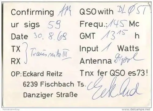 QSL - QTH - Funkkarte - DJ9JT - Fischbach - Kelkheim - 1969