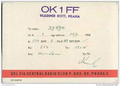 QSL - QTH - Funkkarte - OK1FF - Tschechische Republik - Czechoslovakia - Praha - IV. Majstrovstva - Bratislava