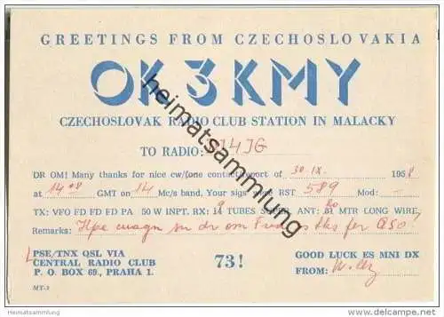 QSL - QTH - Funkkarte - OK3KMY - Tschechische Republik - Czechoslovakia - Malacky - 1958