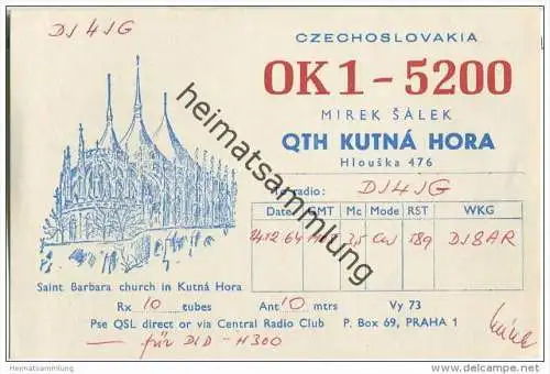 QSL - QTH - Funkkarte - OK1-5200 - Tschechische Republik - Czechoslovakia - Kutna Hora - 1964