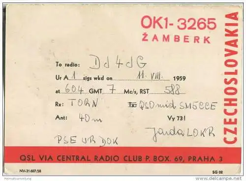 QSL - QTH - Funkkarte - OK1-3265 - Tschechische Republik - Czechoslovakia - Zamberk - Petrof - 1959