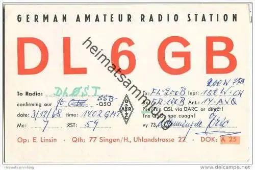 QSL - QTH - Funkkarte - DL6GB - Singen / Hohentwiel - 1968 (G31342y)*