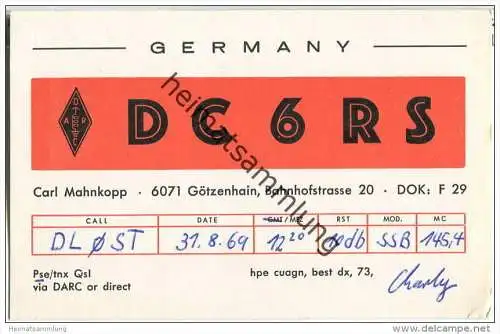 QSL - QTH - Funkkarte - DC6RS - Götzenhain - 1969