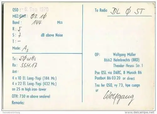 QSL - QTH - Funkkarte - DK2EAA - Helmbrechts - 1970