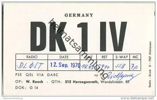 QSL - QTH - Funkkarte - DK1IV - Herzogenrath - 1970