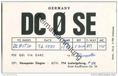 QSL - QTH - Funkkarte - DC0SE - Ludwigsburg - 1970