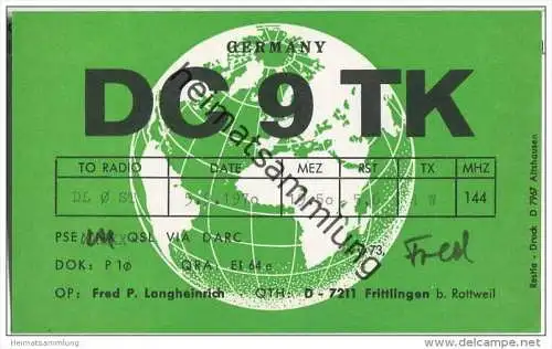 QSL - QTH - Funkkarte - DC9TK - Frittlingen - 1970