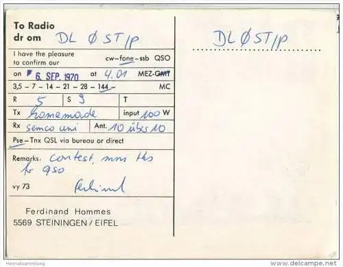 QSL - QTH - Funkkarte - DK3WB - Steiningen - Daun - 1970