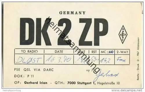 QSL - QTH - Funkkarte - DK2ZP - Stuttgart - 1970