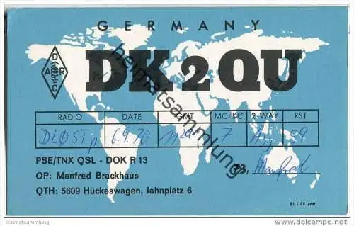 QSL - QTH - Funkkarte - DK2QU - Hückeswagen - 1970