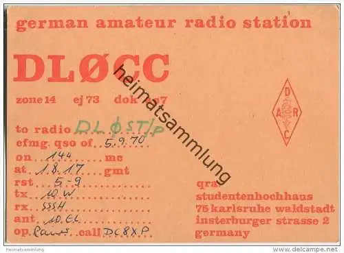 QSL - QTH - Funkkarte - DL0HH - Karlsruhe Waldstadt - 1970