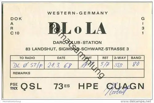 QSL - QTH - Funkkarte - DL0LA - Landshut - 1968