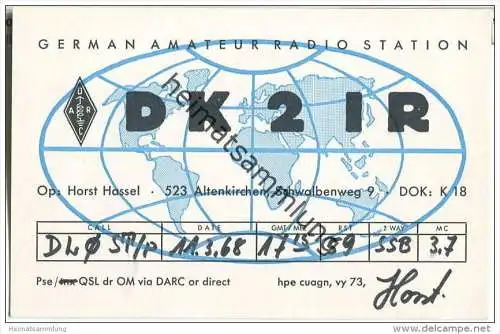 QSL - QTH - Funkkarte - DK2IR - Altenkirchen / Westerwald - 1968