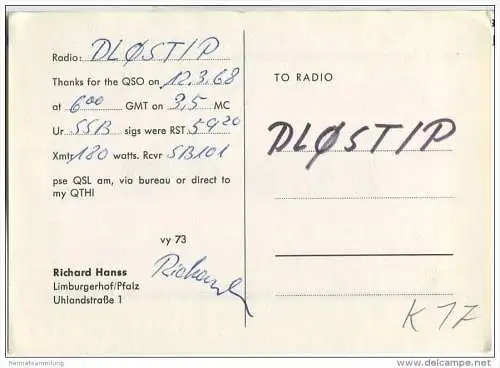 QSL - QTH - Funkkarte - DJ40I- Limburgerhof - 1968