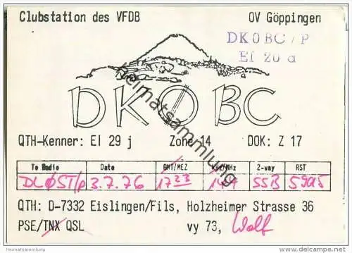 QSL - QTH - Funkkarte - DK0BC - Eislingen/Fils - 1976