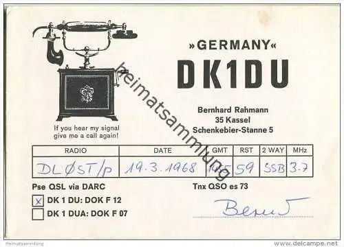 QSL - QTH - Funkkarte - DK1DU - Kassel - 1968