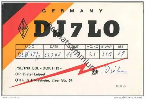 QSL - QTH - Funkkarte - DJ7LO - Hildesheim - 1968