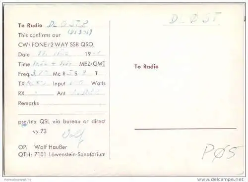 QSL - QTH - Funkkarte - DL8XX - Löwenstein - Sanatorium - 1968