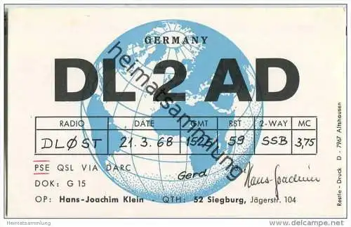 QSL - QTH - Funkkarte - DL2AD - Siegburg - 1968