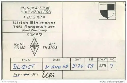 QSL - QTH - Funkkarte - DJ9KR - Rangendingen - 1969