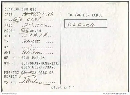 QSL - QTH - Funkkarte - DA1PP - Fürth - 1970