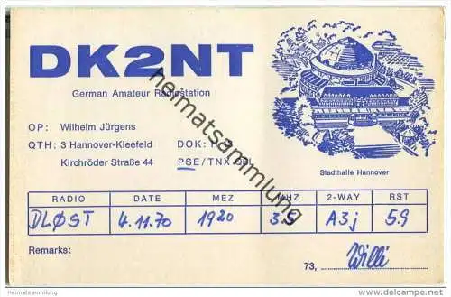 QSL - QTH - Funkkarte - DK2NT - Hannover-Kleefeld - 1970