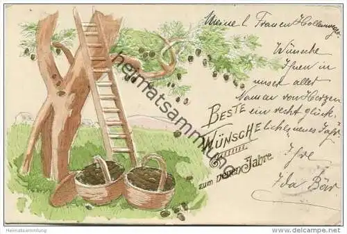 Neujahr - Nussbaum - Walnüsse - Goldprägedruck