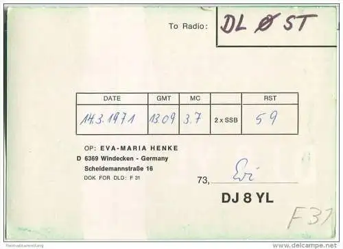 QSL - QTH - Funkkarte - DJ8YL - Windecken - Nidderau - 1971