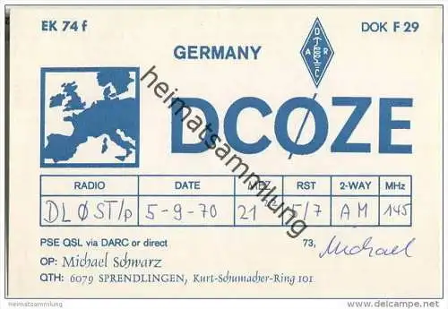 QSL - QTH - Funkkarte - DC0ZE - Sprendlingen - Dreieich - 1970