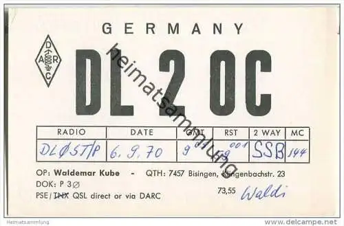QSL - QTH - Funkkarte - DL2OC - Bisingen - 1970
