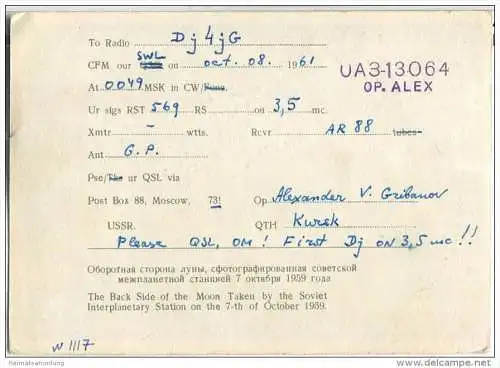 QSL - QTH - Funkkarte - UA3-13064 - Russland - Rückseite des Mondes - 1961