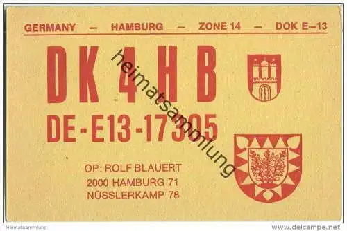 QSL - QTH - Funkkarte - DK4HB - Hamburg - 1970